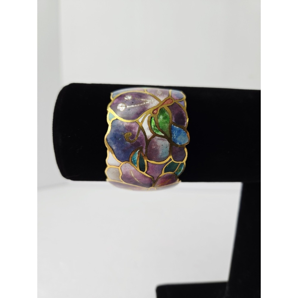 Vintage Signed David Kuo Champleve Enamel Cuff Bracelet Cloisonné Butterfly pink - Picture 3 of 4